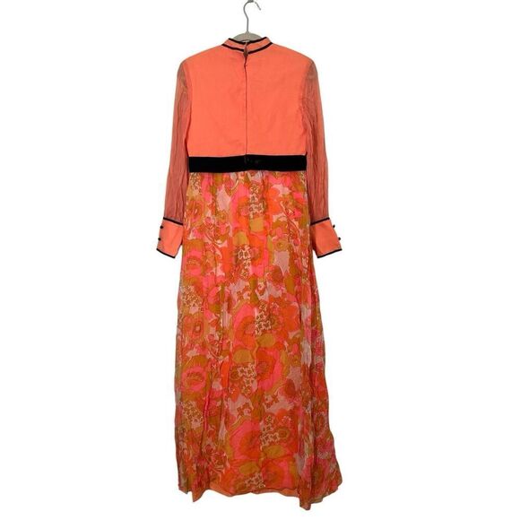 Vintage 60s Maxi Dress Size S Peach Pink Chiffon Sheer Floral Cottagecore Gown - Picture 2 of 5